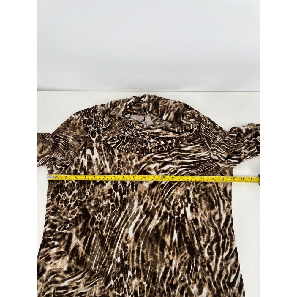 Chico's Animal Print Cowl Neck Long Sleeve Top Blouse Brown White Size 1 - Picture 5 of 10